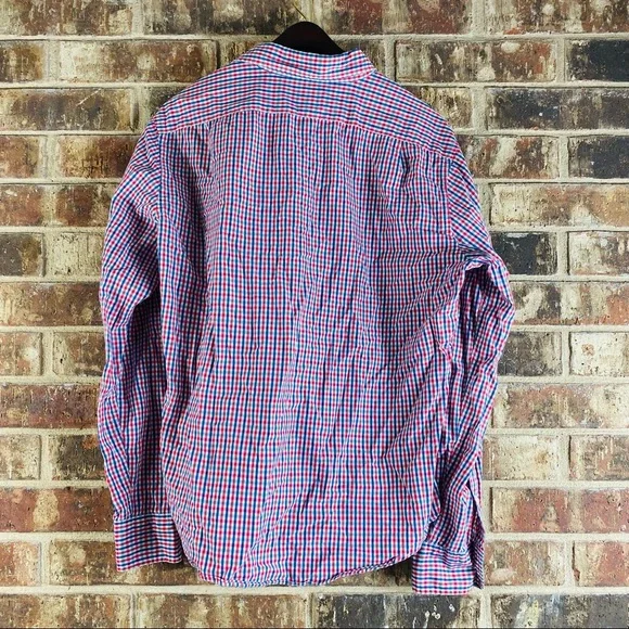 Tailored by J. Crew Men Slim Fit Gingham Check Red Blue Button Down Shirt Size: - Picture 6 of 8